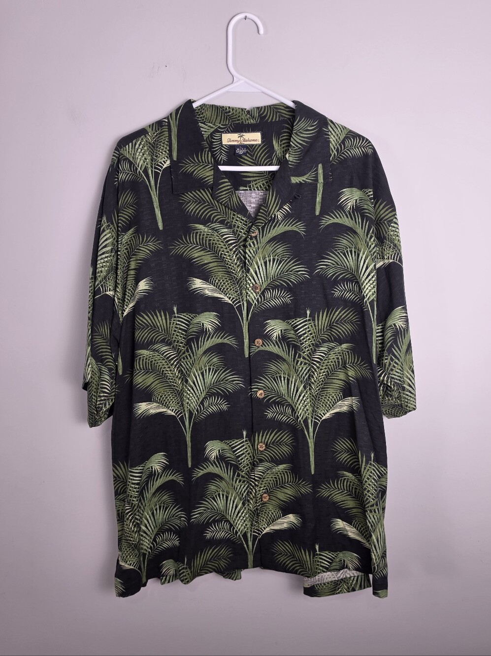 Tommy Bahama Black Green Palm Silk Camp Shirt Men's XL Resort Casual 100% Silk